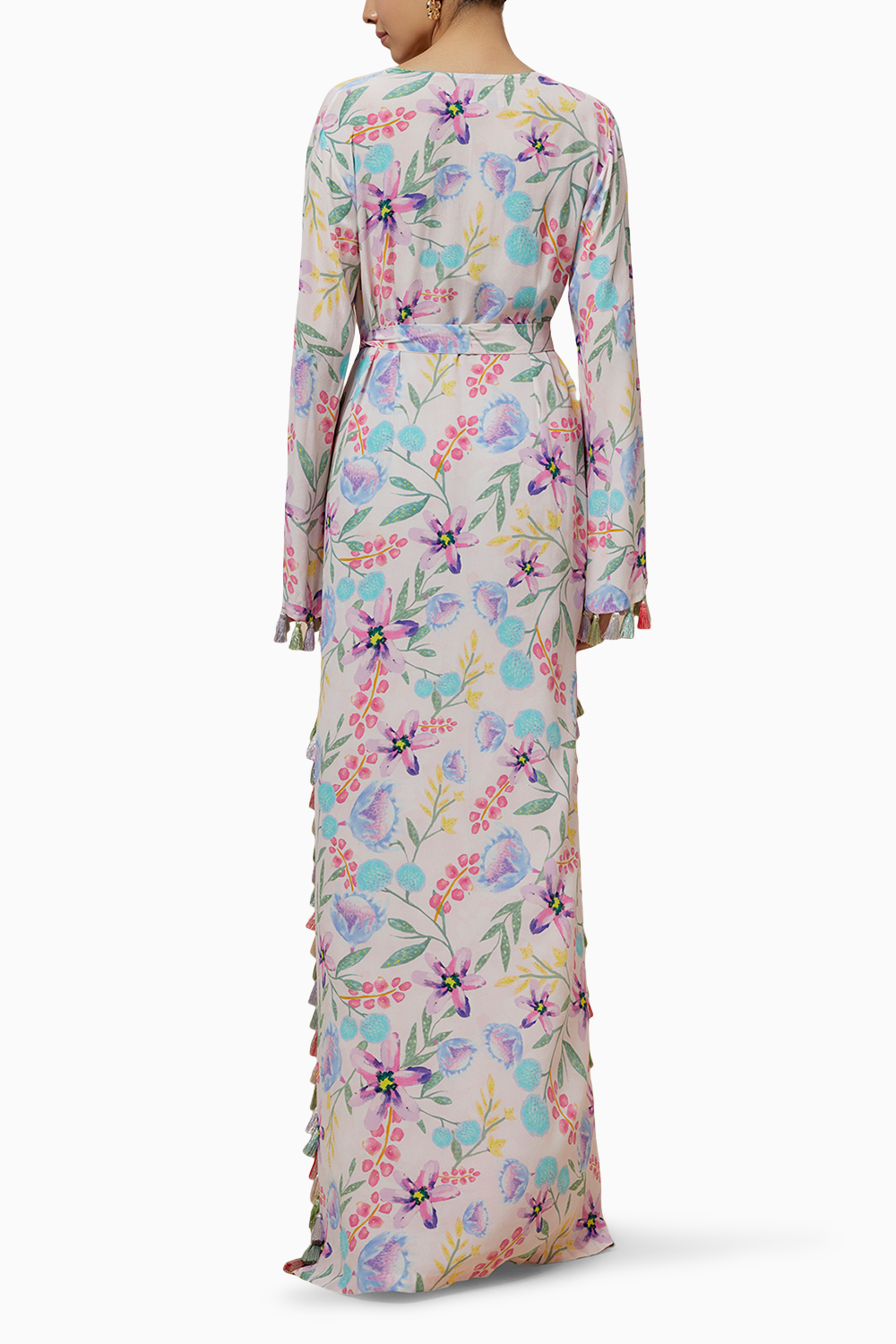 Baby Pink Printed Crepe Long Beyza Kaftan