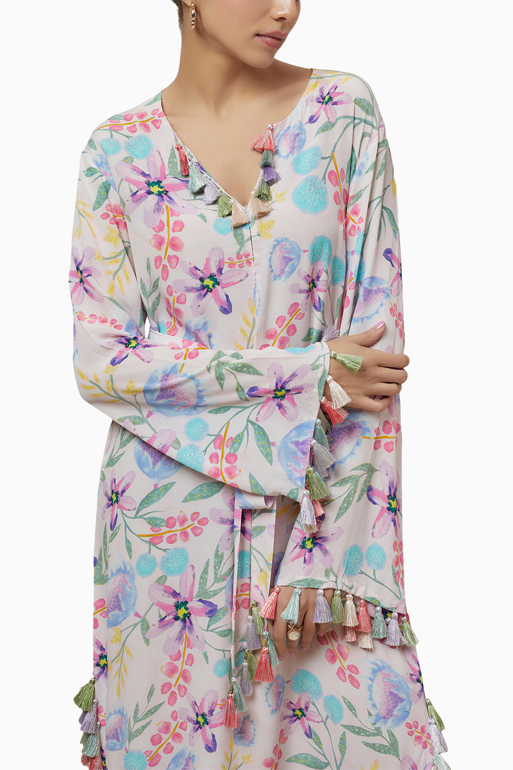 Baby Pink Printed Crepe Long Beyza Kaftan