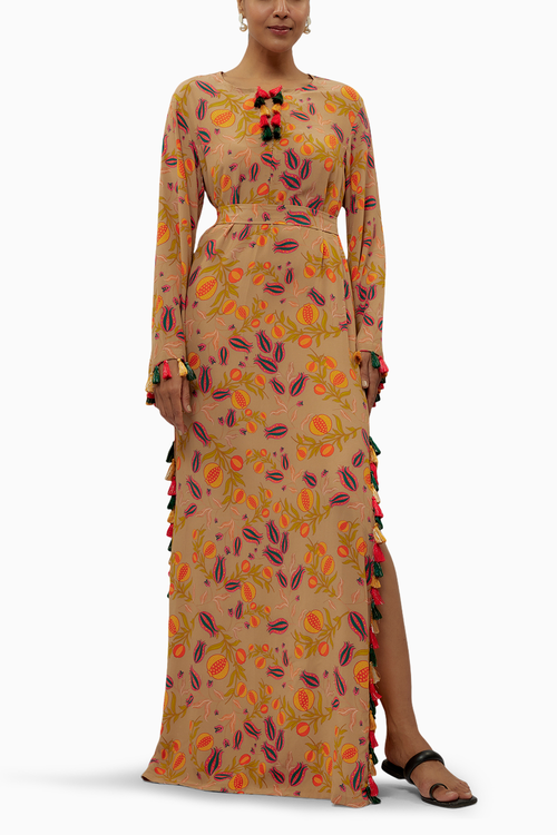 Brown Printed Crepe Long Beyza Kaftan