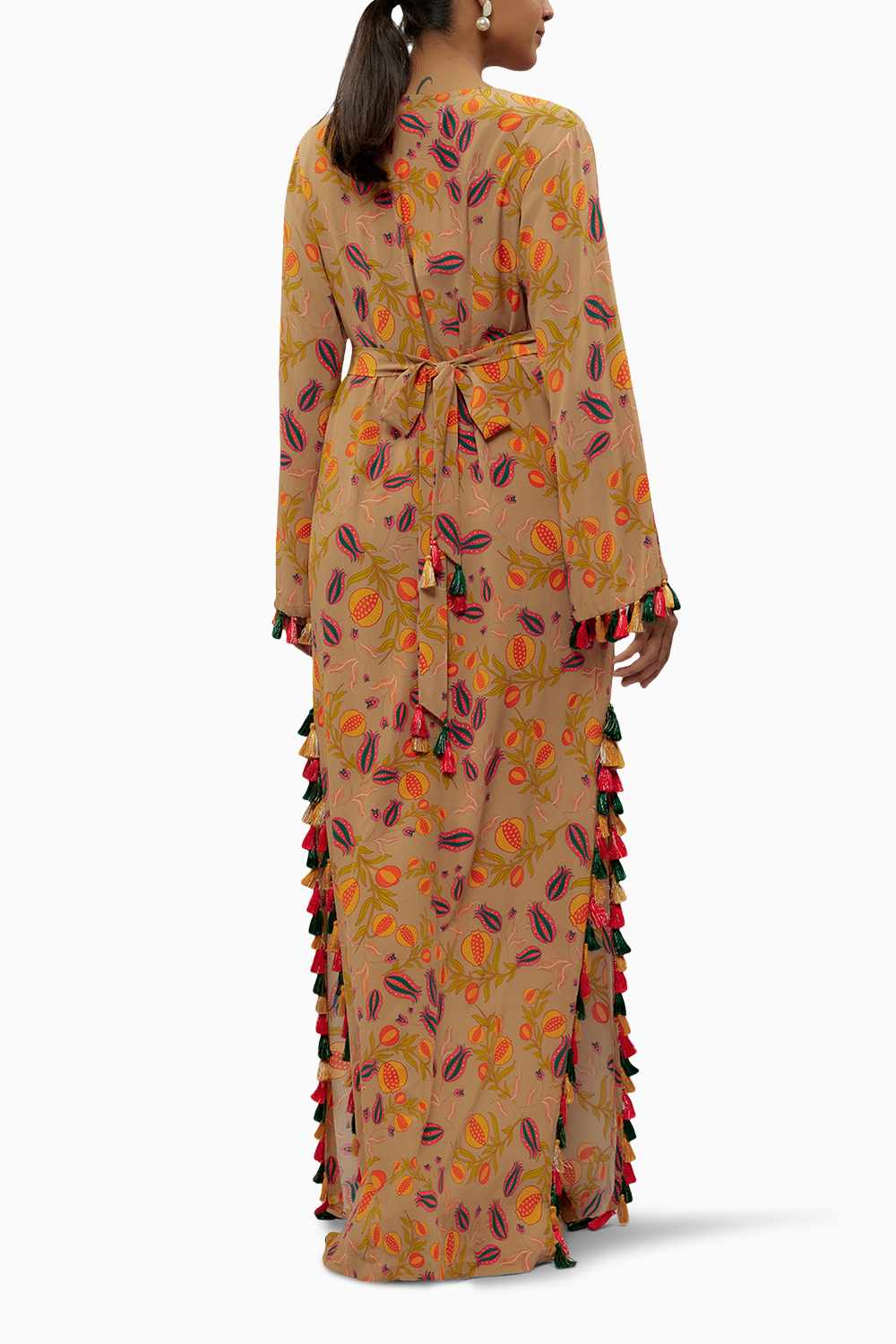 Brown Printed Crepe Long Beyza Kaftan