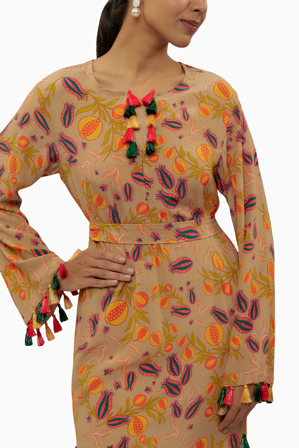 Brown Printed Crepe Long Beyza Kaftan