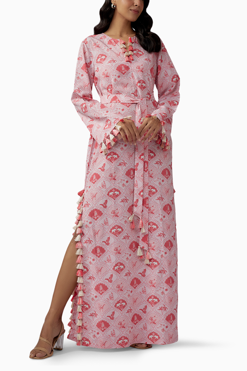 Blush Pink Printed Art Crepe Long Beyza Kaftan With Belt