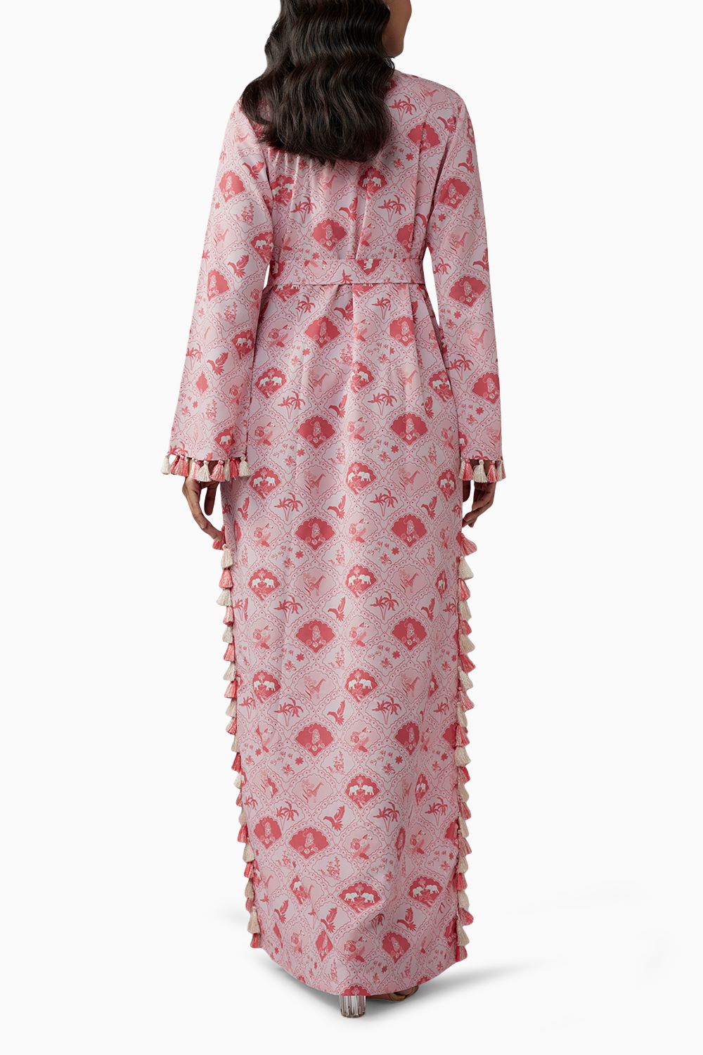 Blush Pink Printed Art Crepe Long Beyza Kaftan With Belt