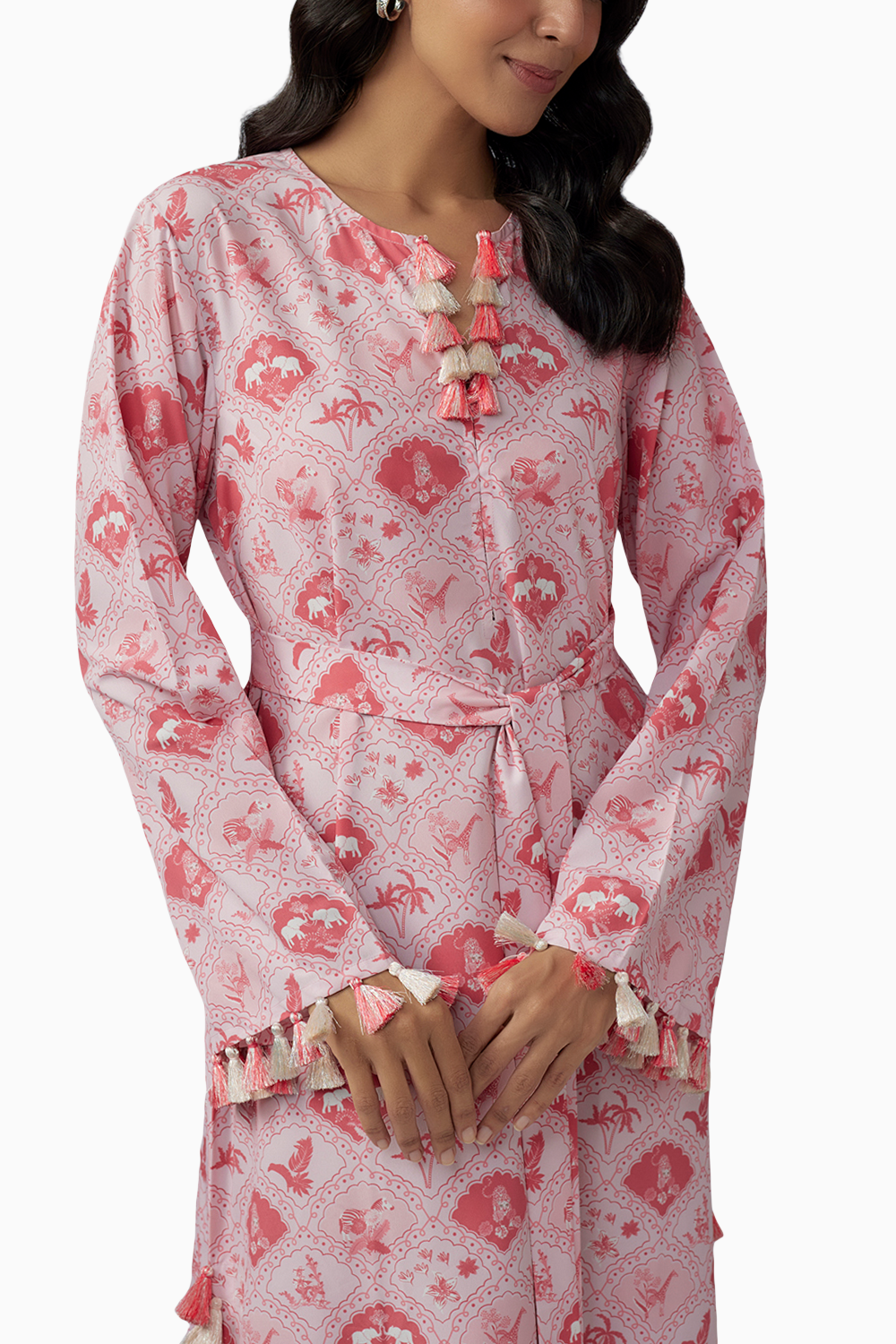 Blush Pink Printed Art Crepe Long Beyza Kaftan With Belt