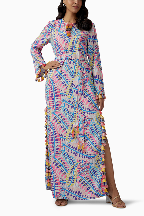 Blue Printed Art Crepe Long Beyza Kaftan With Belt