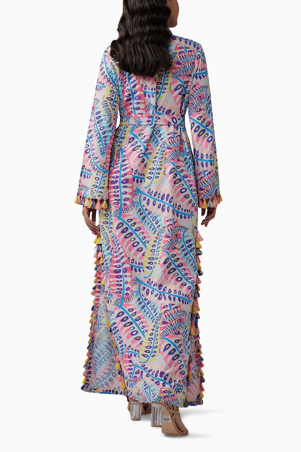 Blue Printed Art Crepe Long Beyza Kaftan With Belt