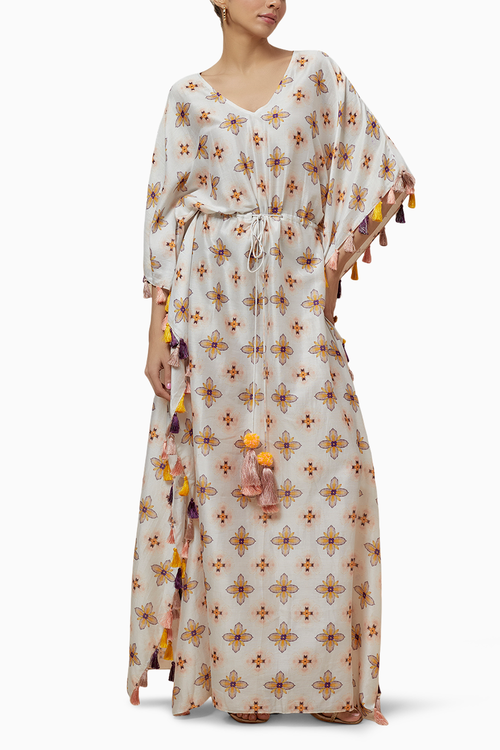 Ivory Printed Silkmul Kaftan