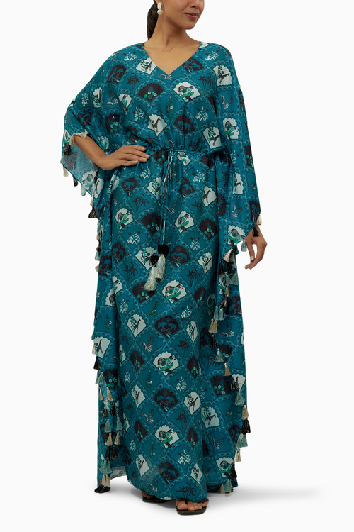 Teal Printed Silkmul Kaftan