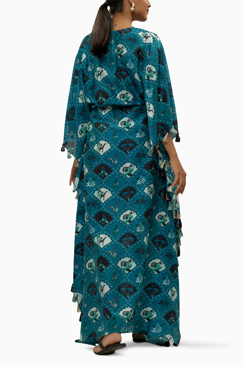 Teal Printed Silkmul Kaftan