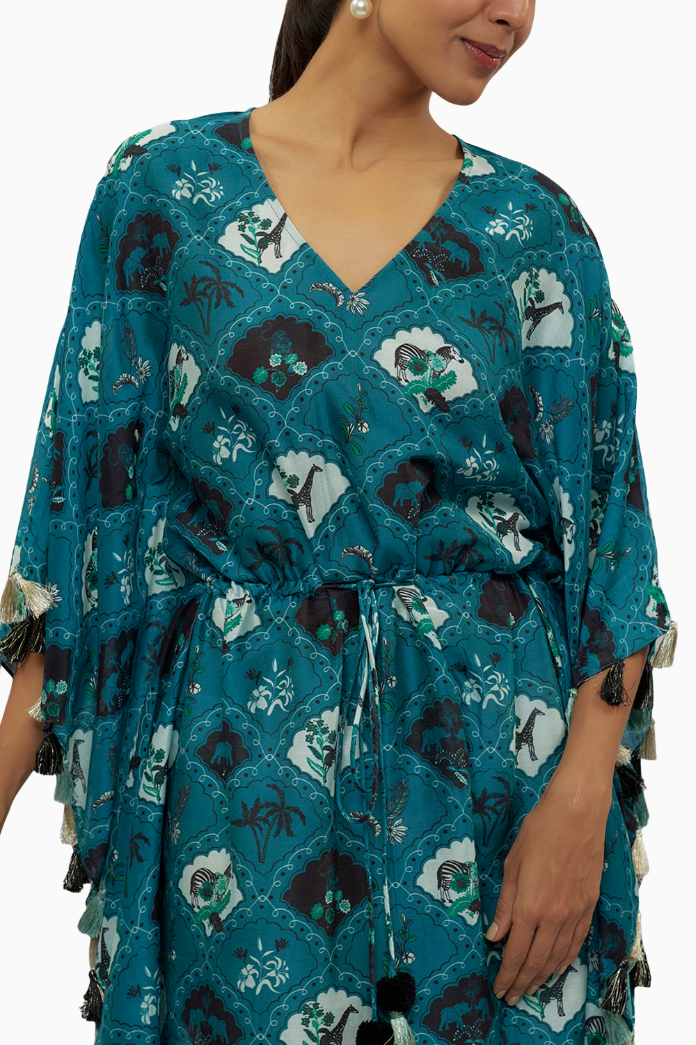 Teal Printed Silkmul Kaftan