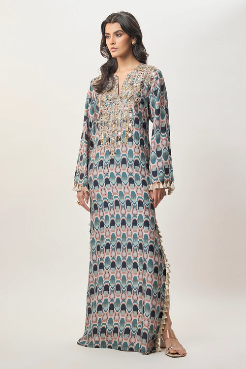 Mahsa Indigo Kasbah Print Abutai Silk Long Beyza Kaftan