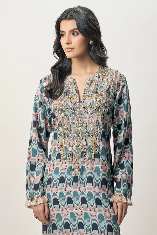 Mahsa Indigo Kasbah Print Abutai Silk Long Beyza Kaftan