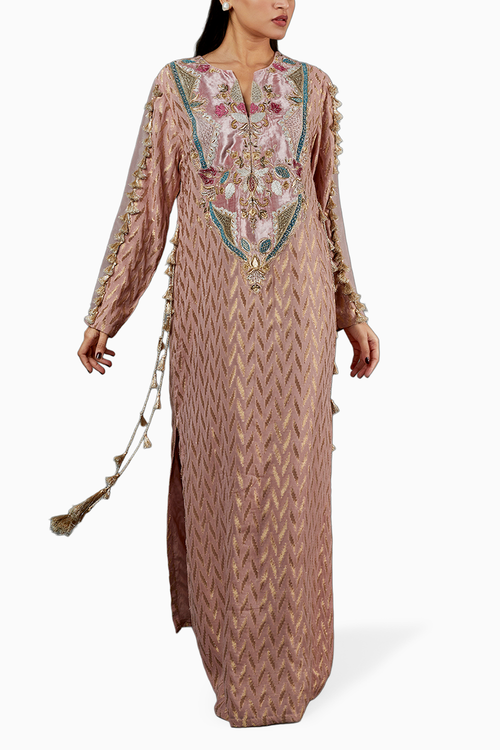 Rose Pink Ikat Banarasi Georgette Embroidered Kaftan