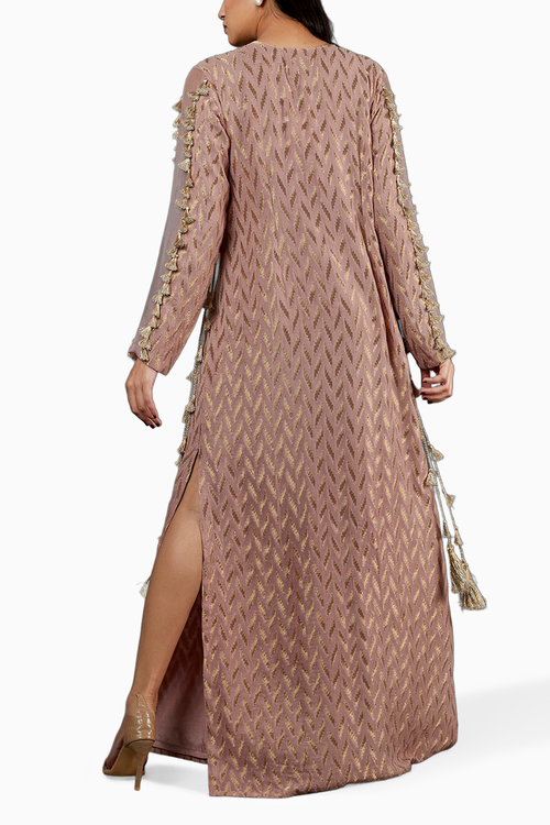 Rose Pink Ikat Banarasi Georgette Embroidered Kaftan