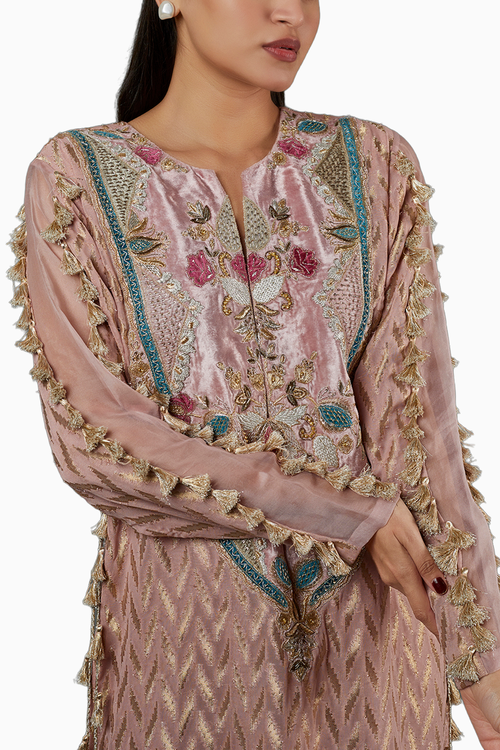 Rose Pink Ikat Banarasi Georgette Embroidered Kaftan
