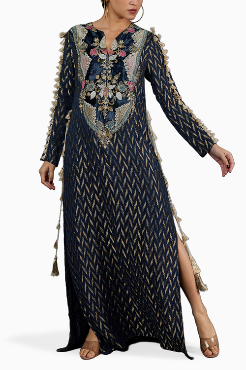 Navy Ikat Banarasi Georgette Embroidered Kaftan