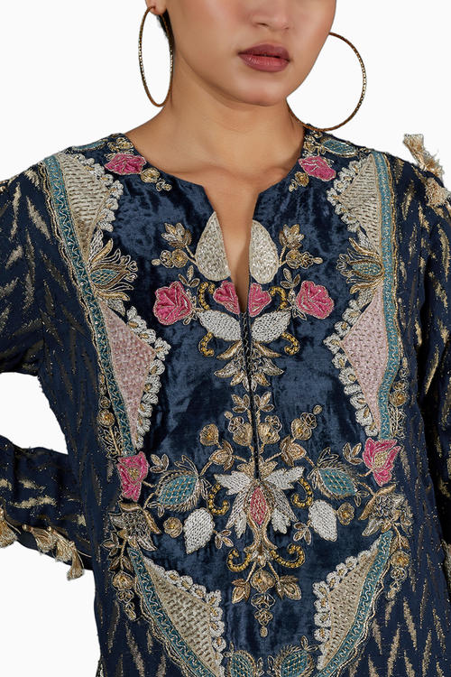 Navy Ikat Banarasi Georgette Embroidered Kaftan
