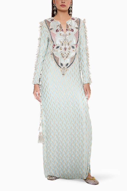 Miraya Powder Blue Ikat Banarasi Kaftan