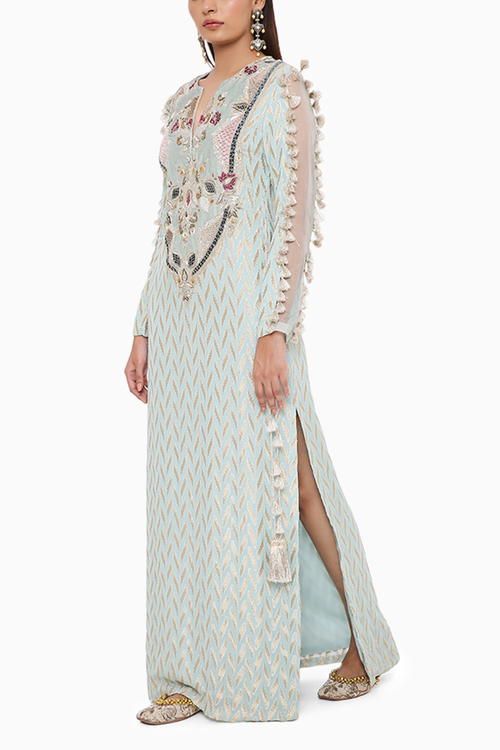 Miraya Powder Blue Ikat Banarasi Kaftan
