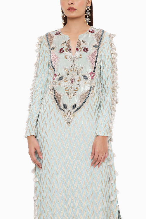 Miraya Powder Blue Ikat Banarasi Kaftan