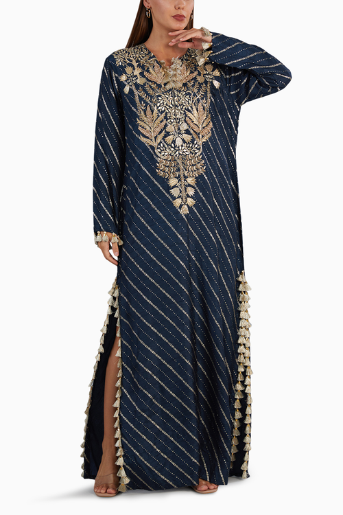 Navy Blue Dola Silk Embroidered Long Beyza Kaftan
