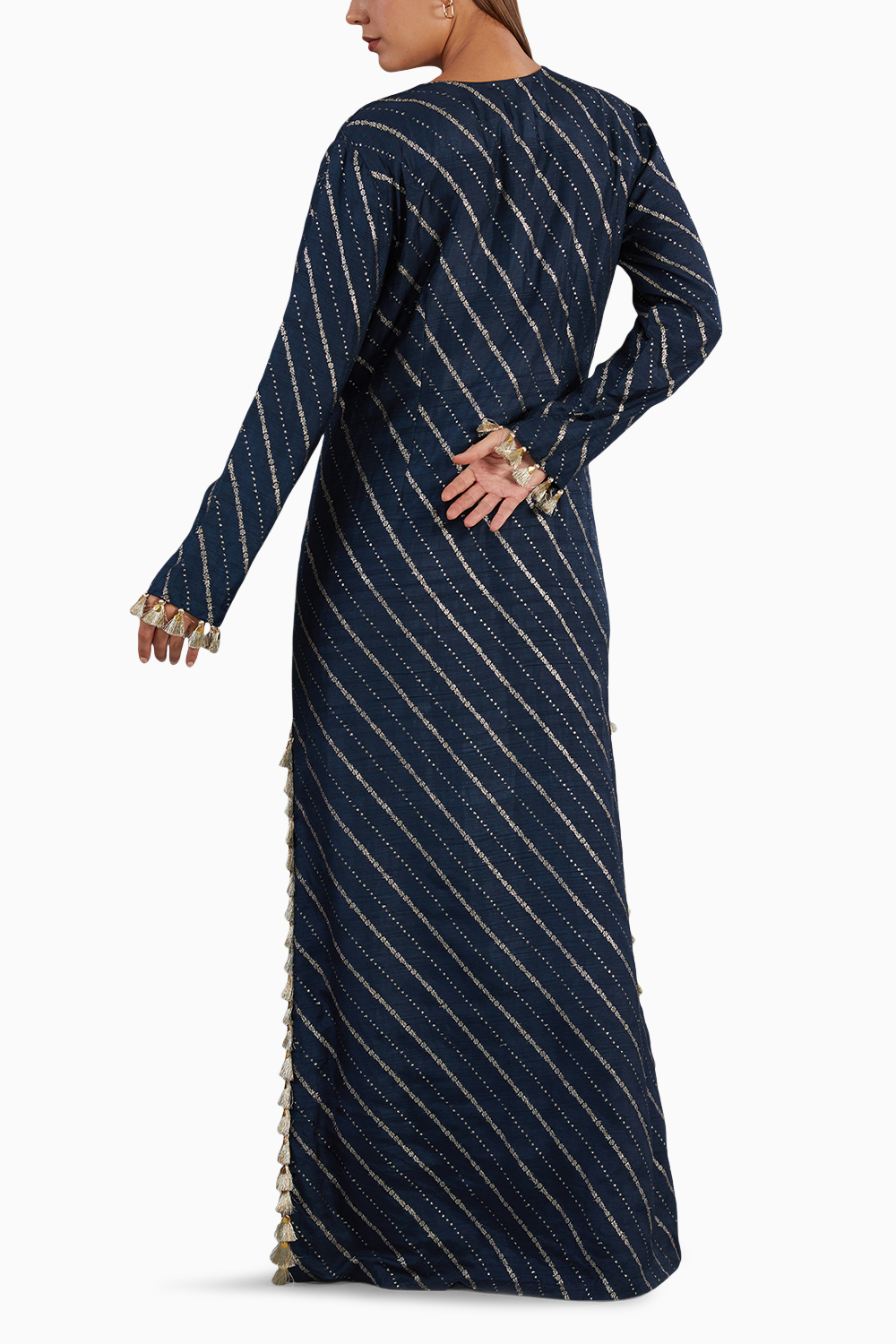 Navy Blue Dola Silk Embroidered Long Beyza Kaftan