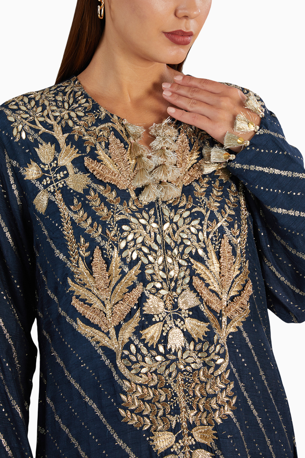 Navy Blue Dola Silk Embroidered Long Beyza Kaftan