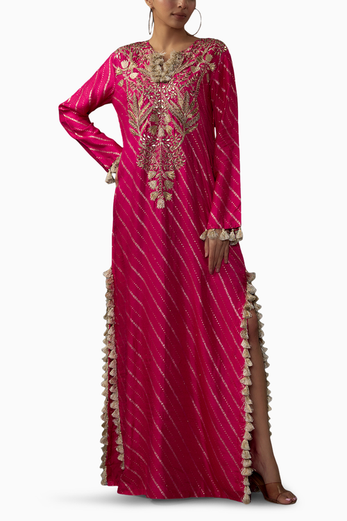 Hot Pink Embroidered Long Beyza Kaftan