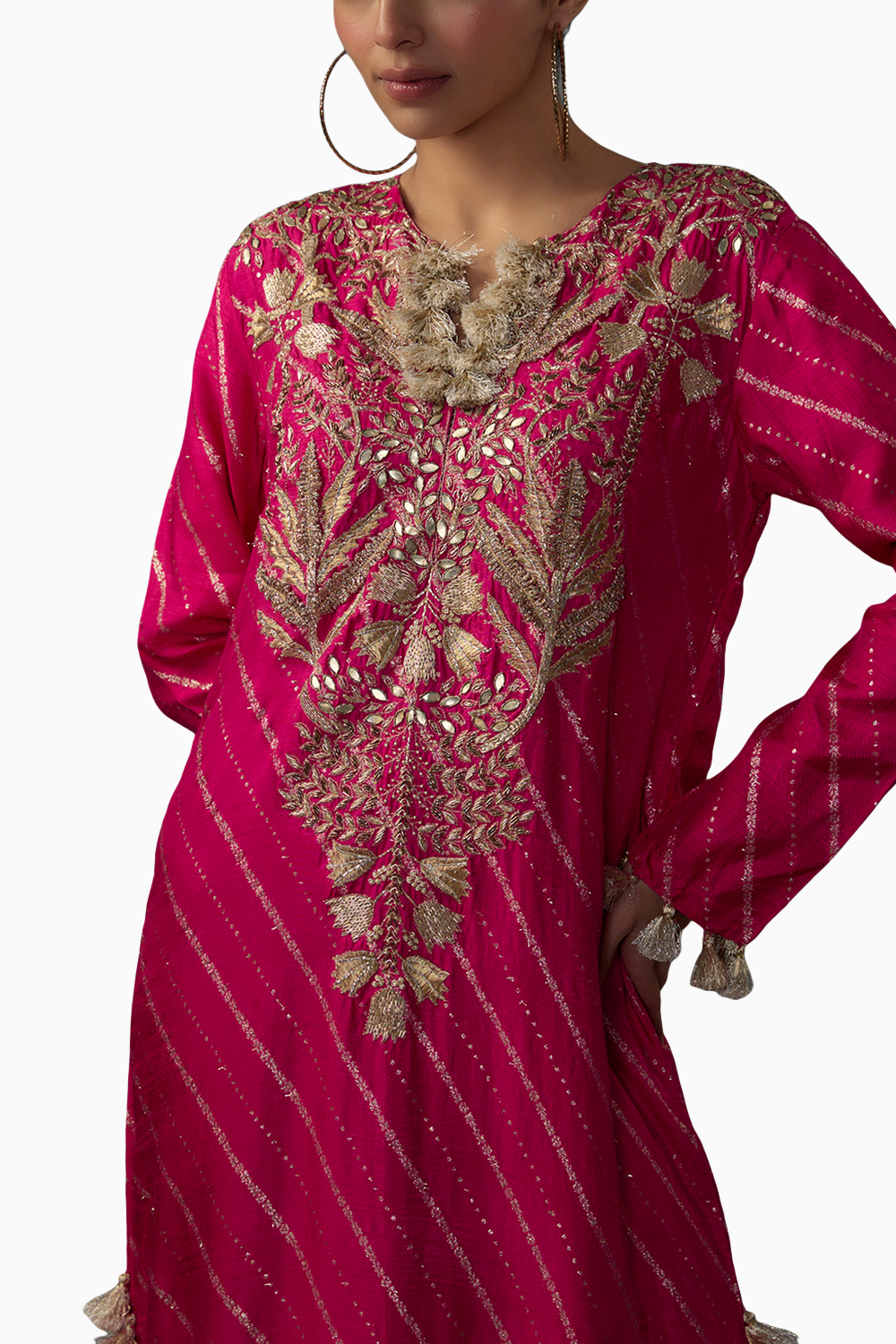 Hot Pink Embroidered Long Beyza Kaftan