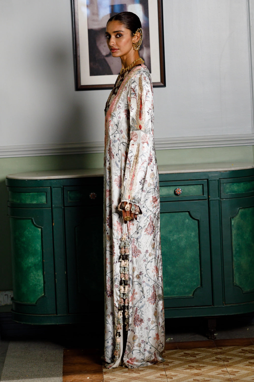 Mehuish Ochre Forest Whisper Printed Embroidered Kaftan