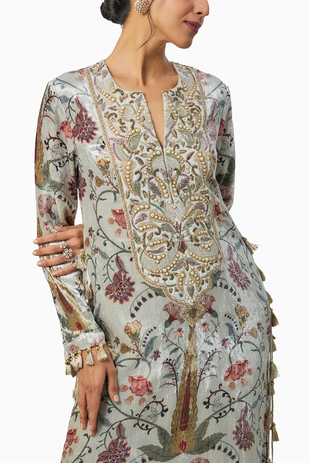 Mehuish Ochre Forest Whisper Embroidered Yoke Kaftan