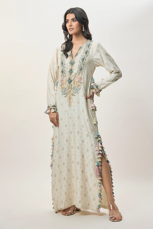Saira Off-White Chiniya Silk Embroidered Yoke Beyza Kaftan