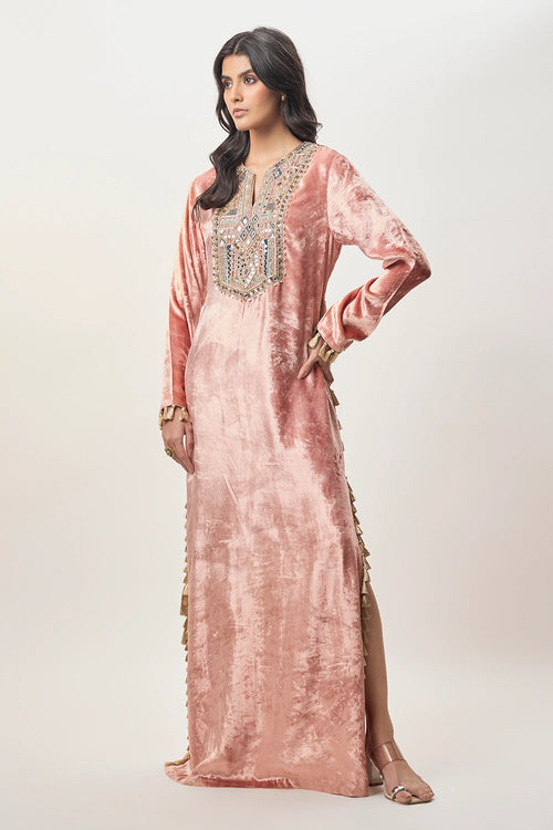 Tara Rose Pink Velvet Embroidered Yoke Beyza Kaftan