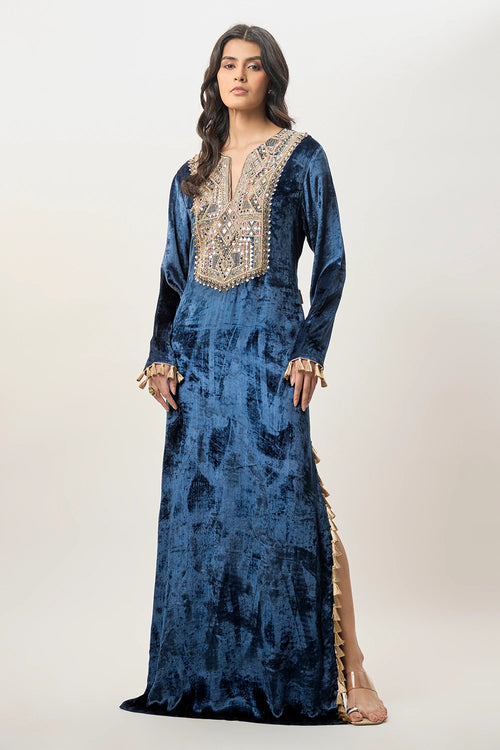 Tara Navy Blue Velvet Embroidered Yoke Beyza Kaftan