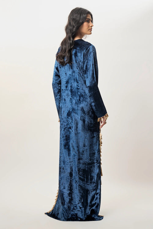 Tara Navy Blue Velvet Embroidered Yoke Beyza Kaftan