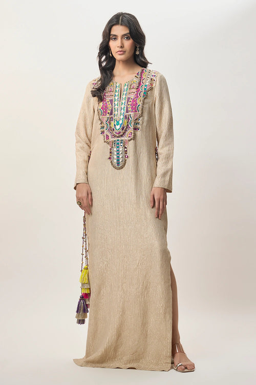 Nouriya Gold Crushed Tissue Embroidered Yoke Beyza Kaftan