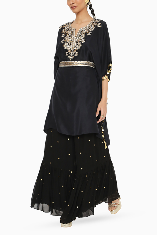 Juri Black Embroidered Kaftan With Sharara and Belt