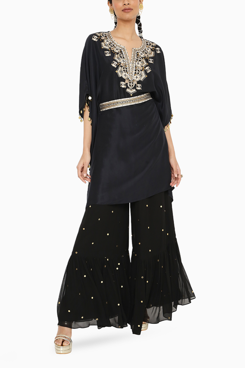 Juri Black Embroidered Kaftan With Sharara and Belt