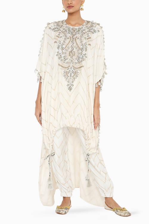 Aahna Off White Banarasi Kaftan With Jogger Pant