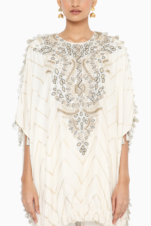 Aahna Off White Banarasi Kaftan With Jogger Pant