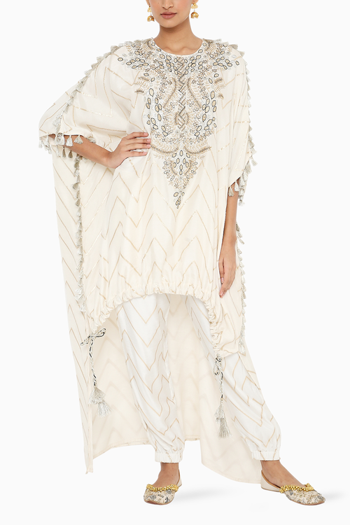 Aahna Off White Banarasi Kaftan With Jogger Pant