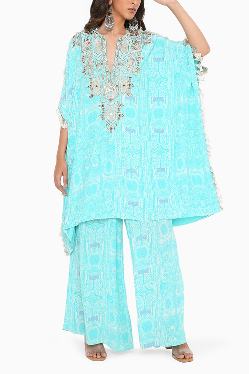 Aqua Embroidered Kaftan And Palazzo
