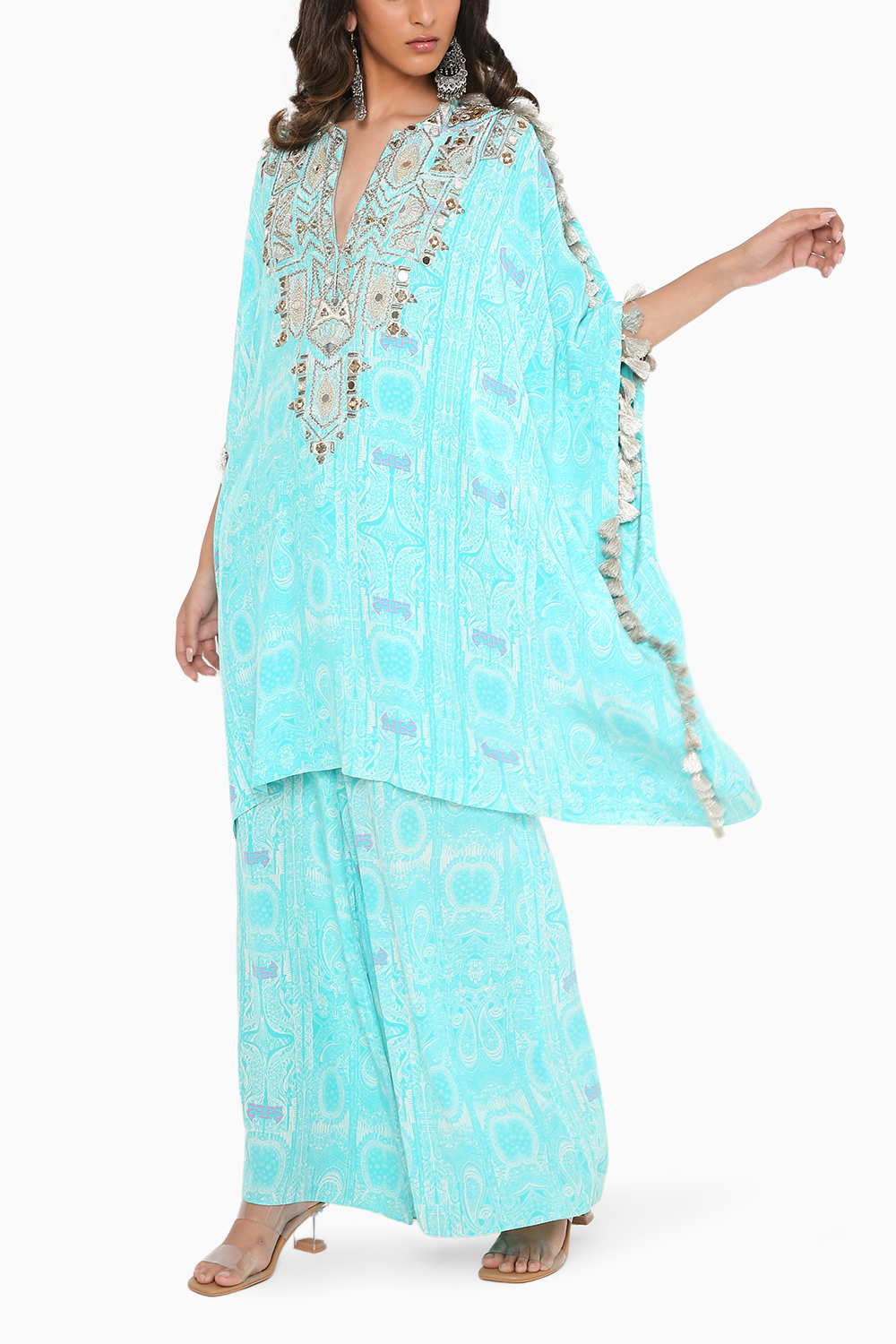 Aqua Embroidered Kaftan And Palazzo