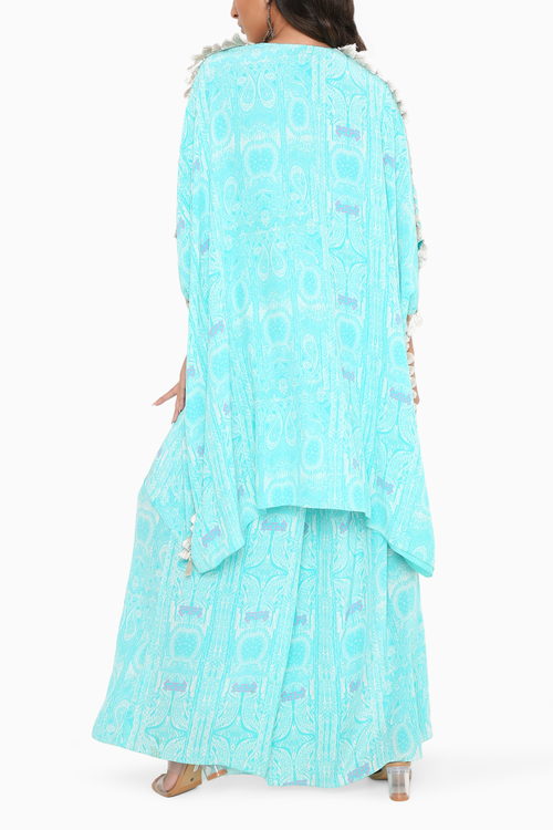 Aqua Embroidered Kaftan And Palazzo