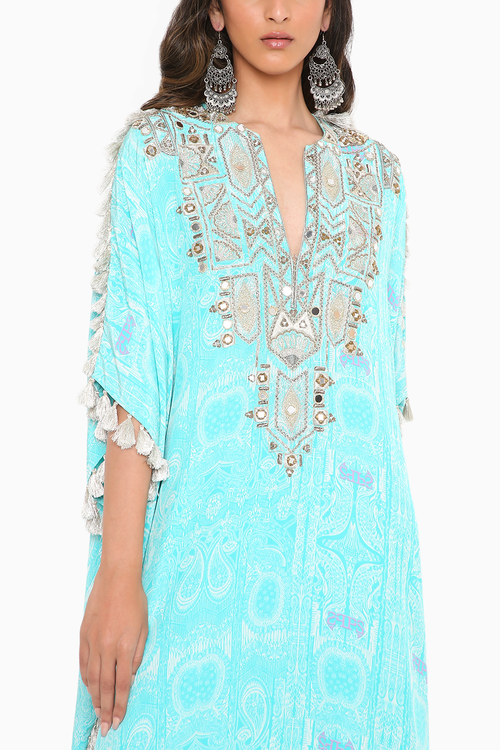Aqua Embroidered Kaftan And Palazzo