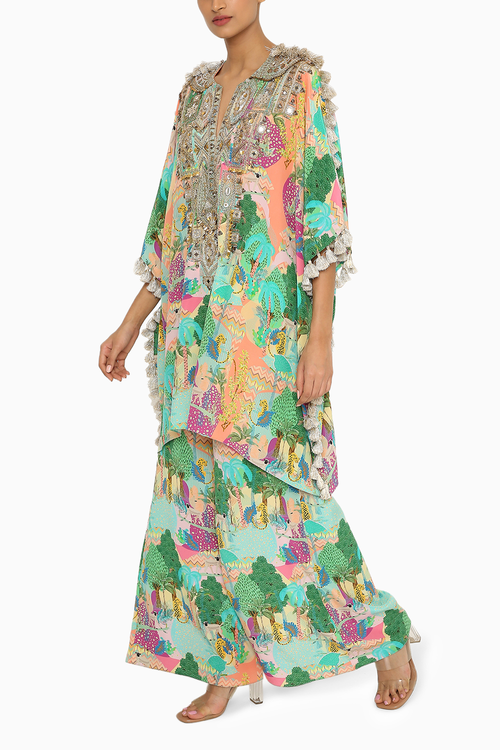 Charvi Peach Kuno Embroidered Kaftan With Palazzo