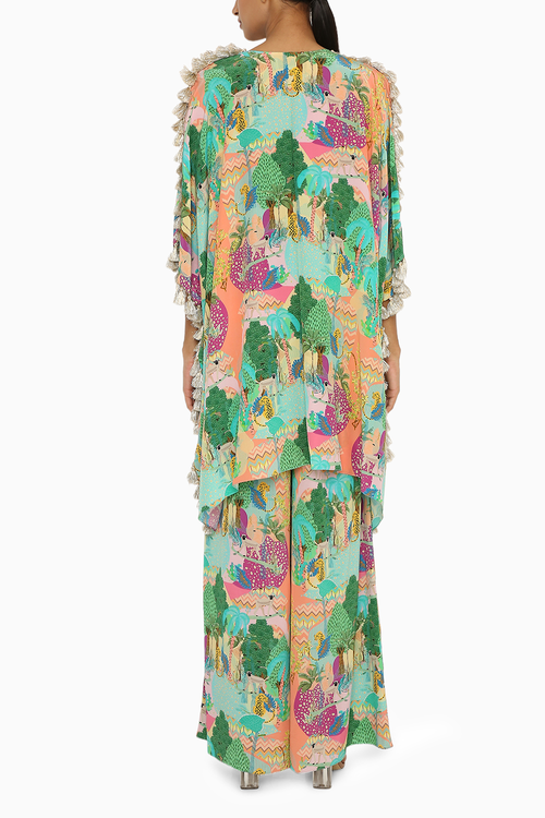 Charvi Peach Kuno Embroidered Kaftan With Palazzo