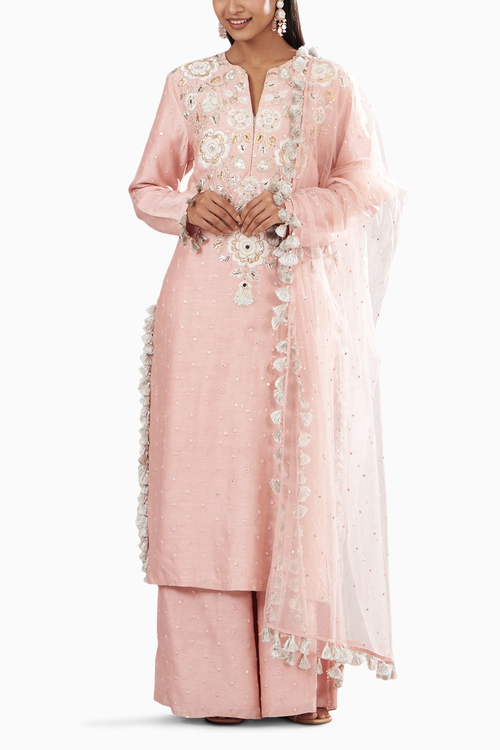 Rose Pink Embroidered Kurta And Palazzo With Dupatta