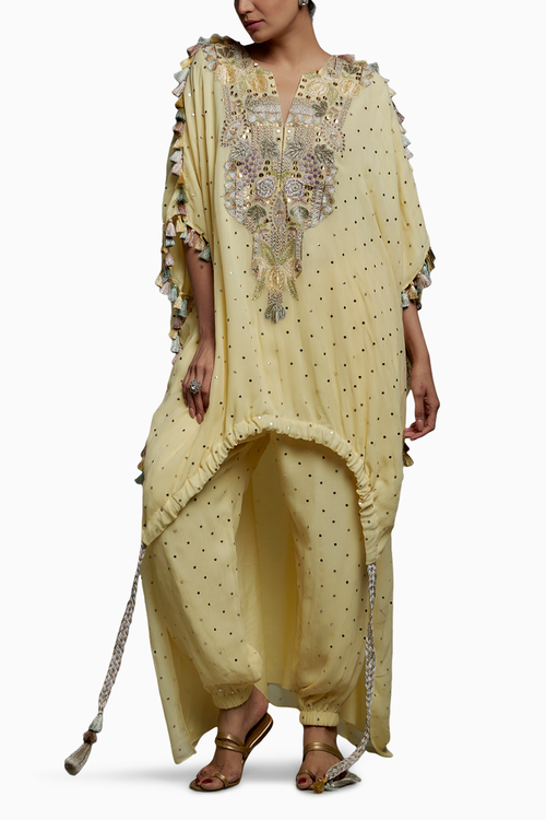 Yellow Embroidered High Low Kurta With Jogger Pant