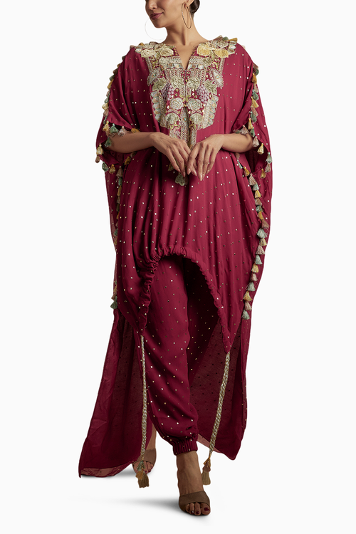 Maroon Embroidered High Low Kurta With Jogger Pant